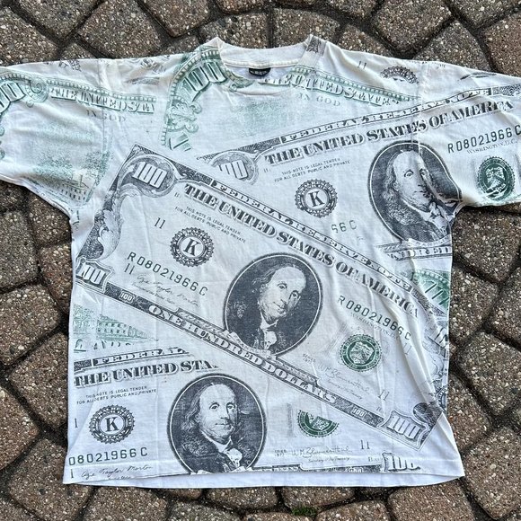 Vintage 90s Single Stitch Money AOP All Over Print $100 Bills  T Shirt  Sz XL - Picture 1 of 7